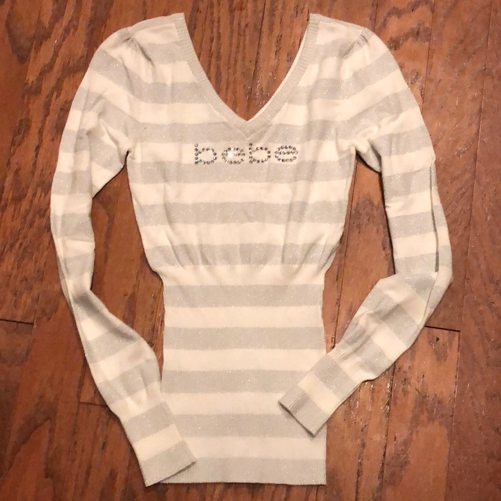 Bebe Silver and White Long Sleeve Top